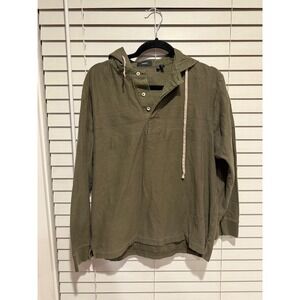 Theory Mens Benton HD Loop Back Stripe Hoodie Olive Green Cotton Henley Large